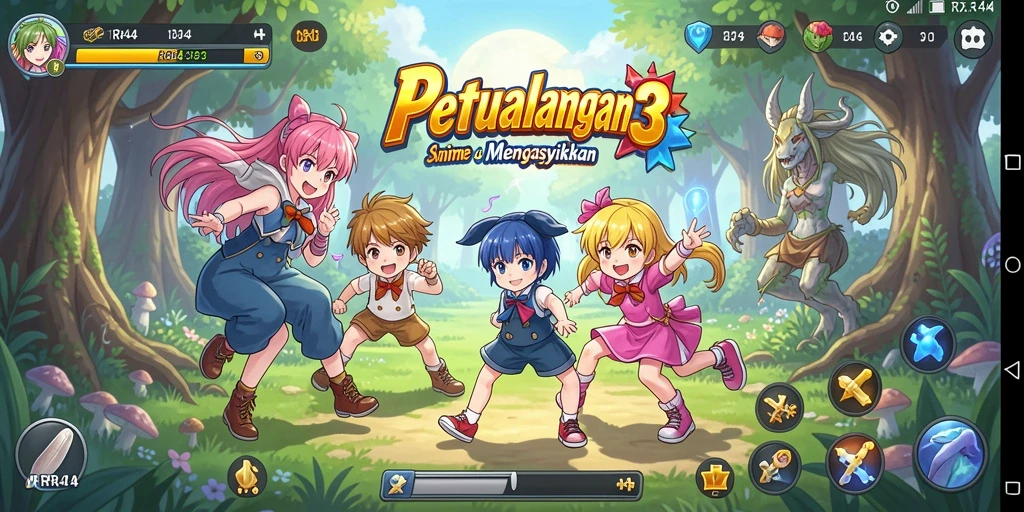 Screenshot gameplay RR44 menampilkan karakter anime yang penuh aksi.